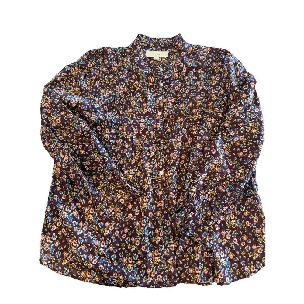 LOFT Floral Button-Down Collared Blouse Long Sleeve 100% Cotton Size S